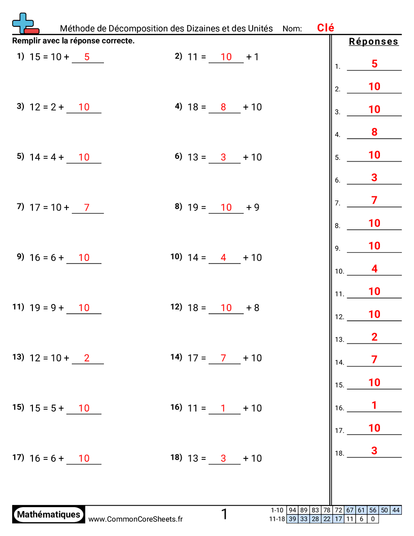 Fiches d'Exercices d'Additions - decomposer-dizaines-et-unites worksheet