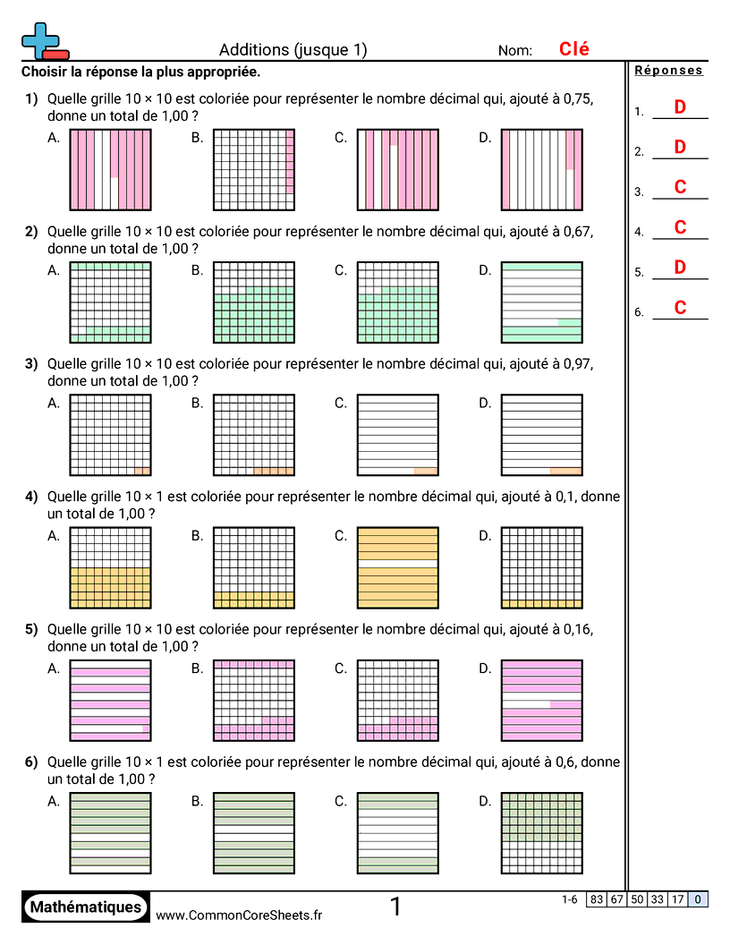 Fiches d'Exercices avec Nombres Décimaux - additionner-et-soustraire-jusqua-1 worksheet