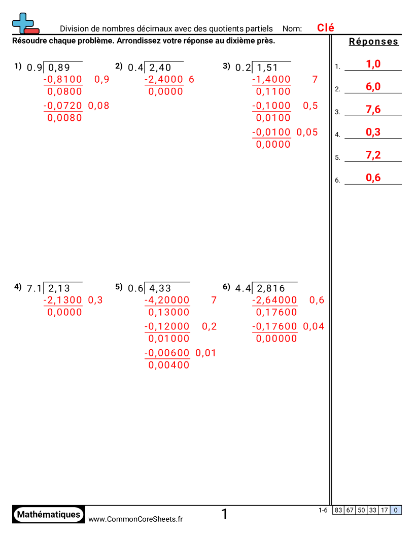 Fiches d'Exercices avec Nombres Décimaux - diviser-des-decimaux-avec-des-quotients-partiels worksheet