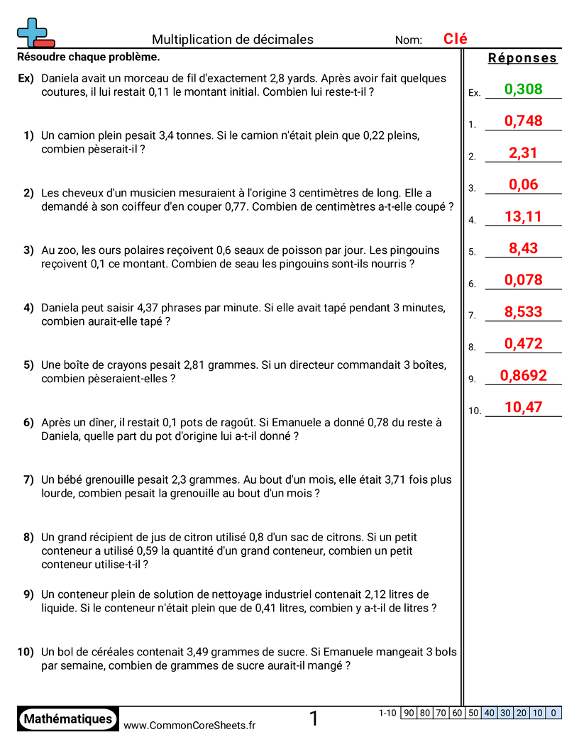 Fiches d'Exercices avec Nombres Décimaux - multiplier-des-decimaux-problemes worksheet