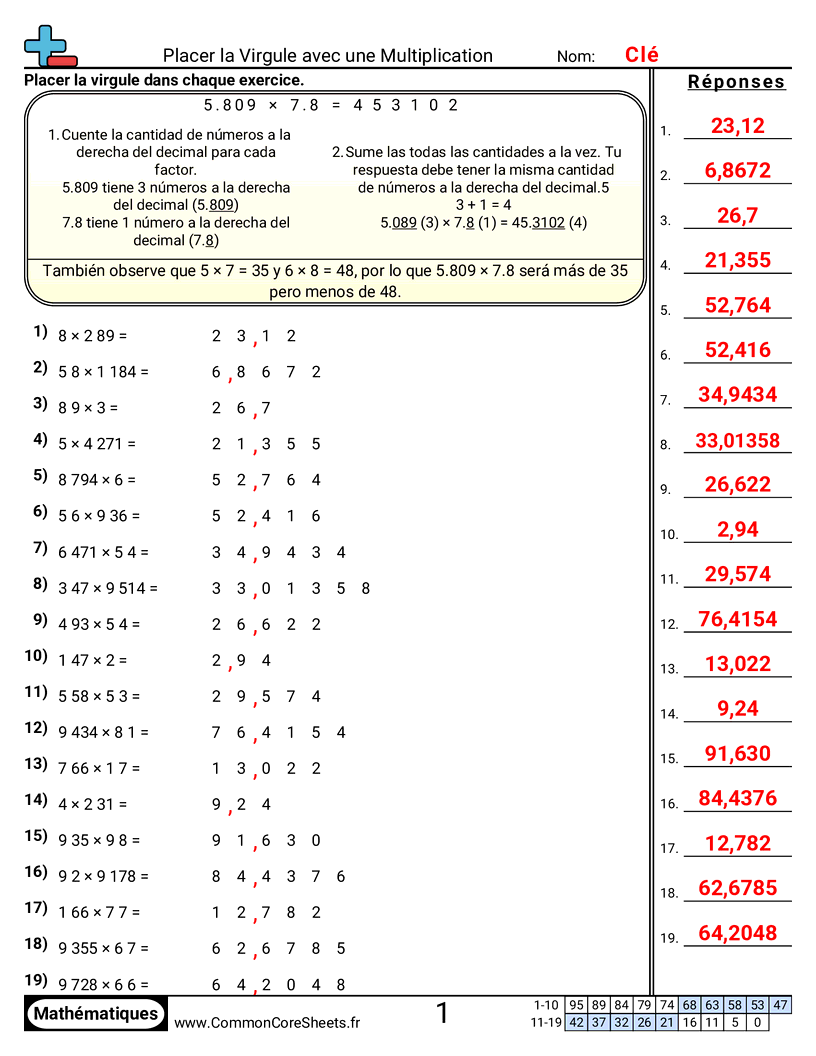Fiches d'Exercices avec Nombres Décimaux - placer-des-decimaux worksheet