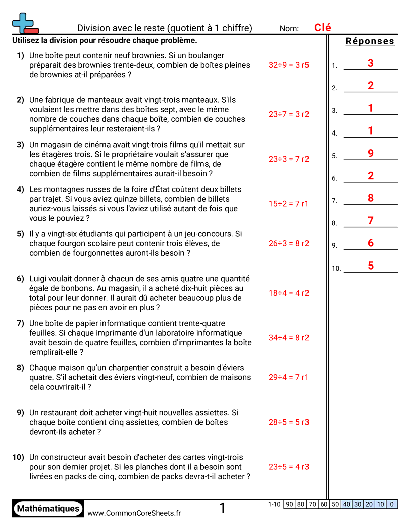Fiches d'Exercices de Divisions - quotient-a-1-chiffre-avec-reste worksheet