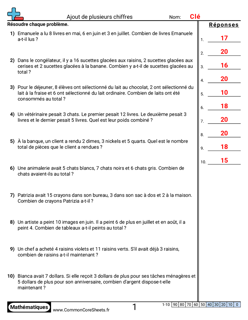 Fiches d'Exercices d'Additions - 3-addends-20-problemes worksheet
