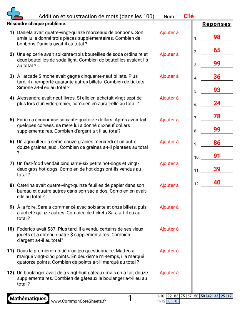 Fiches d'Exercices d'Additions - problemes-daddition-jusqua-100 worksheet