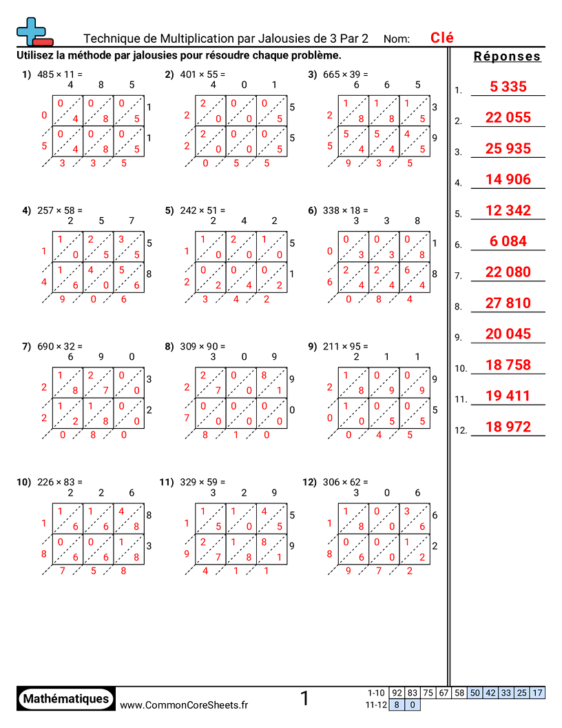 Fiches d'Exercices de Multiplications - 3-chiffres-x-2-chiffres worksheet