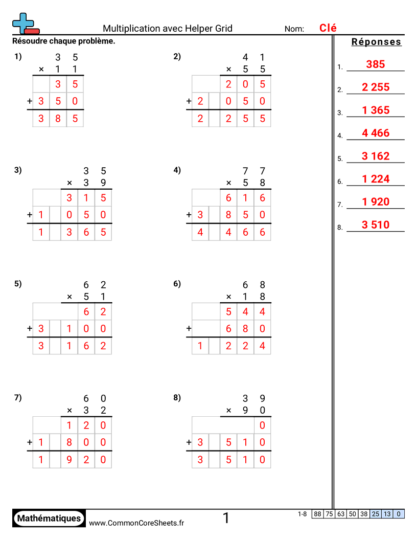 Fiches d'Exercices de Multiplications - multiplication-avec-grille-daide worksheet