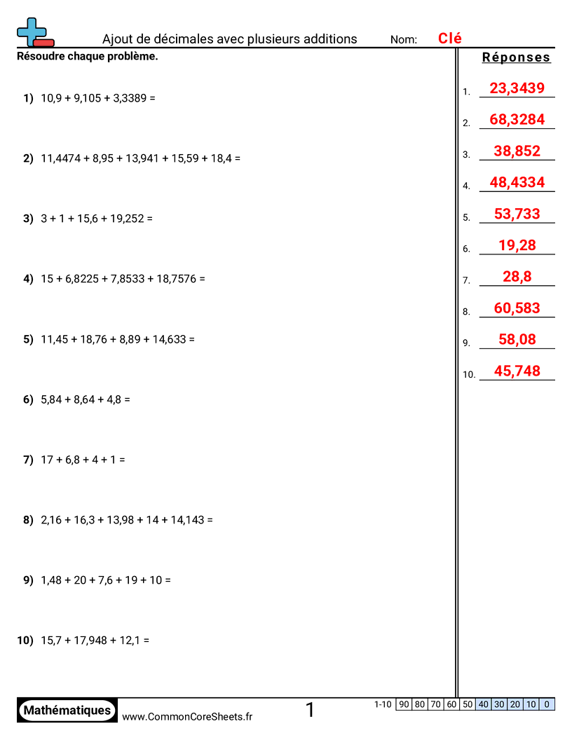Fiches d'Exercices avec Nombres Décimaux - additionner-plusieurs-addends worksheet