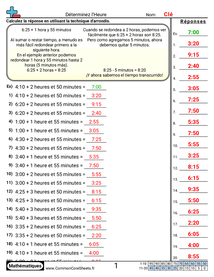 Fiches d'Exercices sur la Mesure du Temps - determiner-lheure-avec-arrondi worksheet