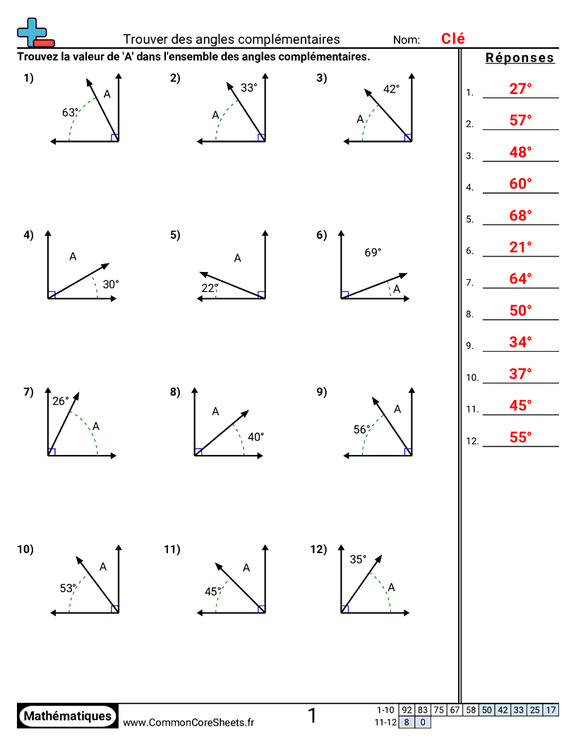 CCSS 7.G.5 Worksheets - Trouver des angles complémentaires worksheet