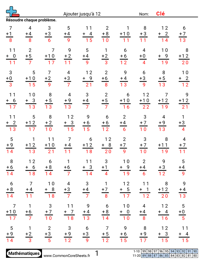 Fiches d'Exercices - Addend jusqu’à 12 worksheet