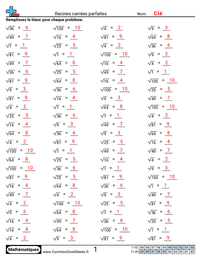 Fiches d'Exercices - Racines carrées parfaites worksheet
