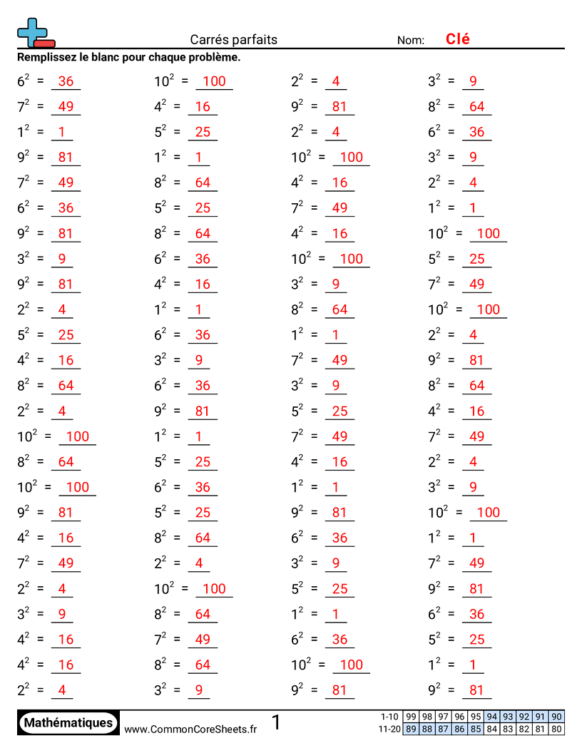 Fiches d'Exercices - Carrés parfaits worksheet