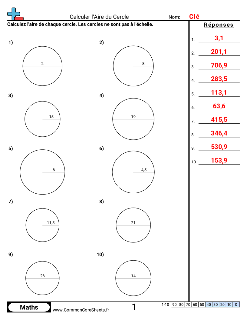 Fiches d'Exercices sur le Calcul d'Aire & Périmètre - aire-du-cercle worksheet