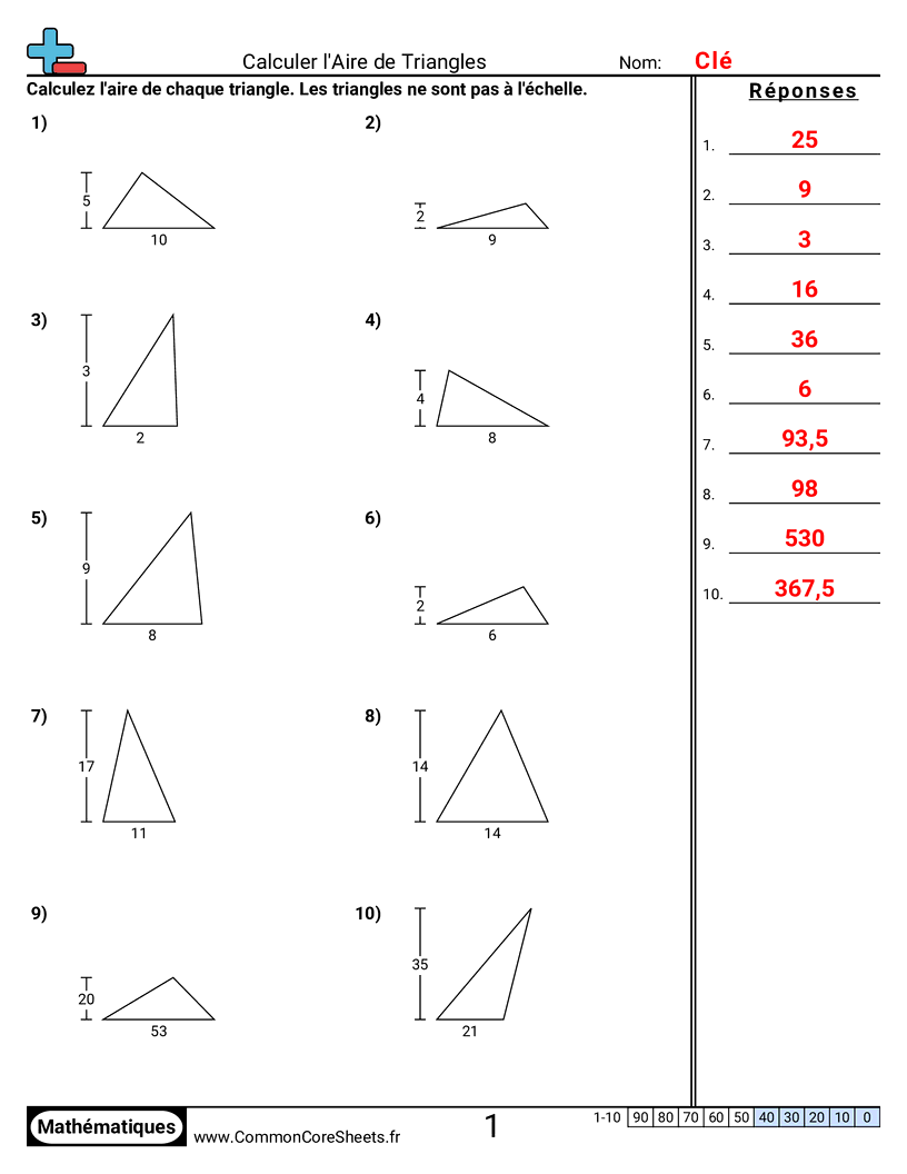 Fiches d'Exercices sur le Calcul d'Aire & Périmètre - aire-de-triangles-base-et-hauteur worksheet