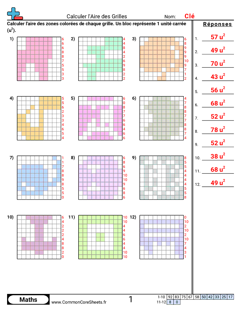 Fiches d'Exercices sur le Calcul d'Aire & Périmètre - grilles-blocs-complets worksheet