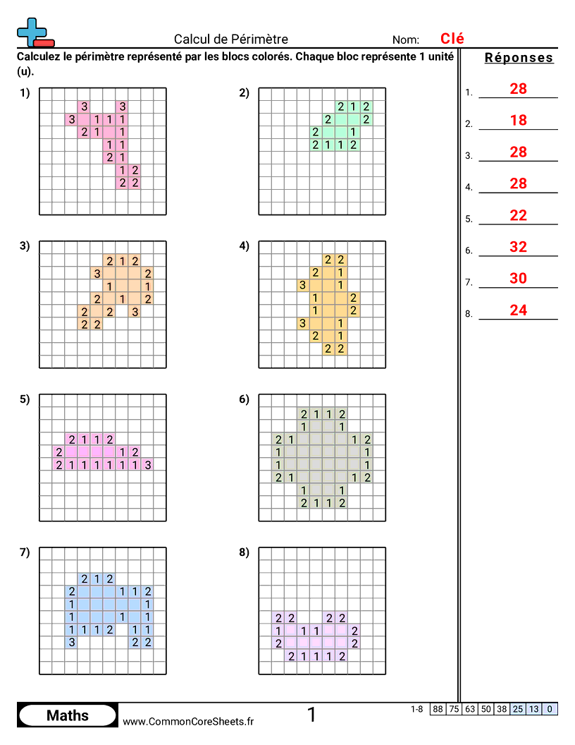 Fiches d'Exercices sur le Calcul d'Aire & Périmètre - perimetre-de-grilles-de-blocs worksheet