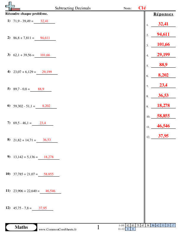  - additions-et-soustractions-de-decimales-horizontal worksheet