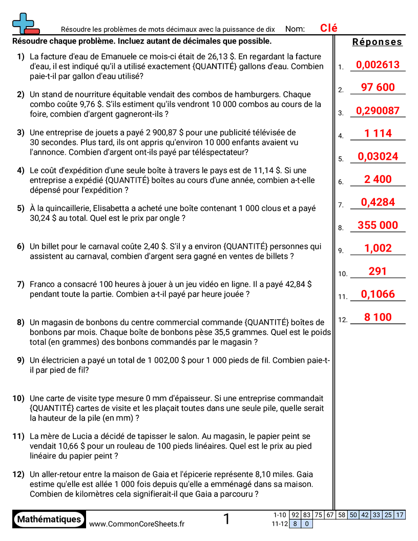 Fiches d'Exercices avec Nombres Décimaux - Résoudre des problèmes décimaux avec une puissance de dix worksheet