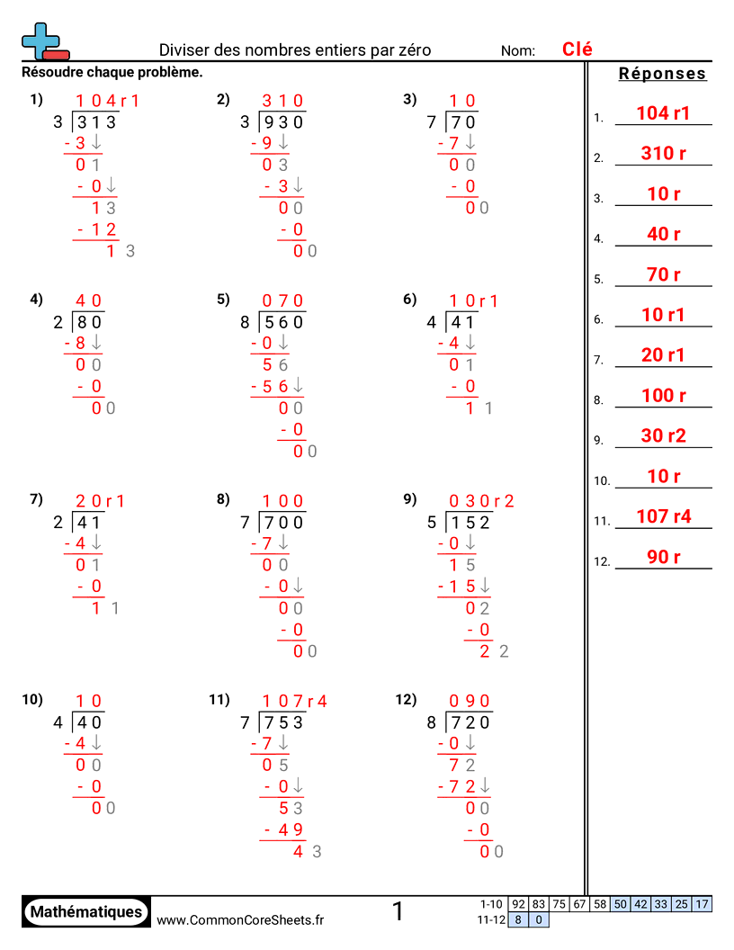 division traditionelle Worksheets - diviser-des-nombres-entiers-avec-zero worksheet