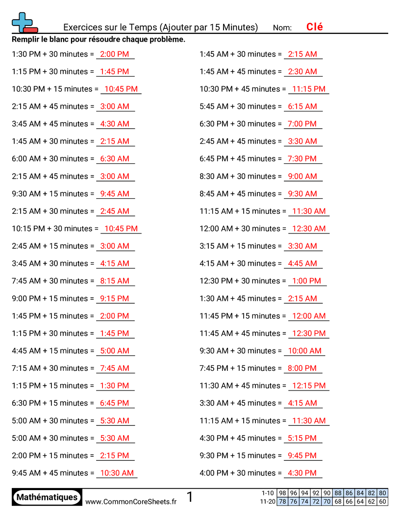 Fiches d'Exercices - Additionner des minutes worksheet