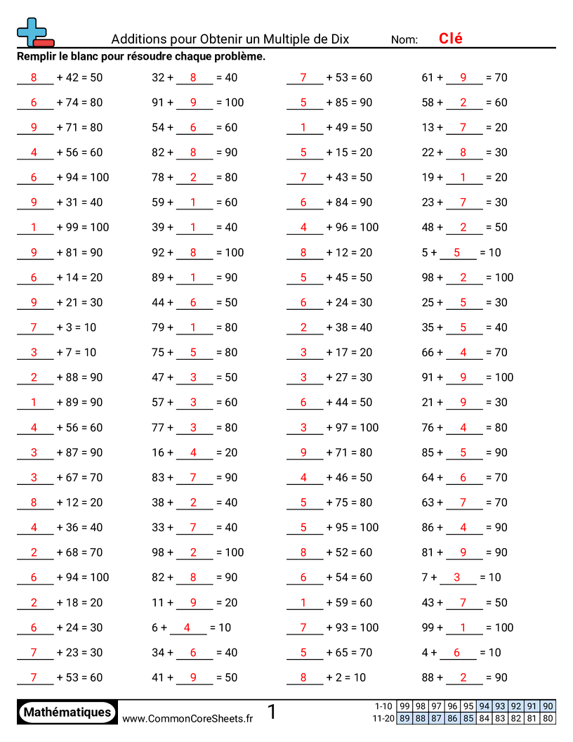 Fiches d'Exercices - Additionner à des multiples de dix worksheet
