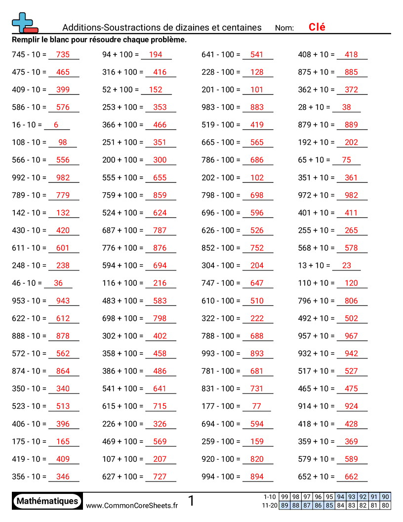 Fiches d'Exercices - Addition-soustraction des dizaines et des centaines worksheet