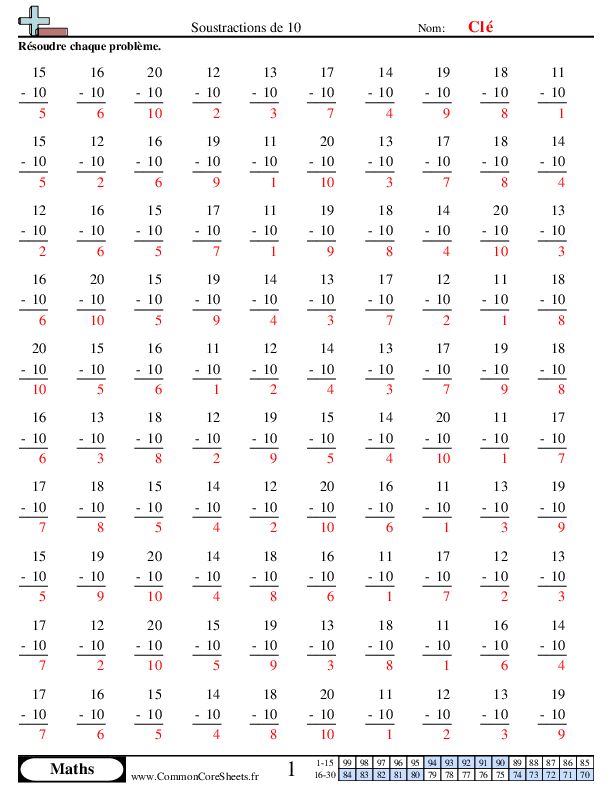  - soustractions-de-10 worksheet