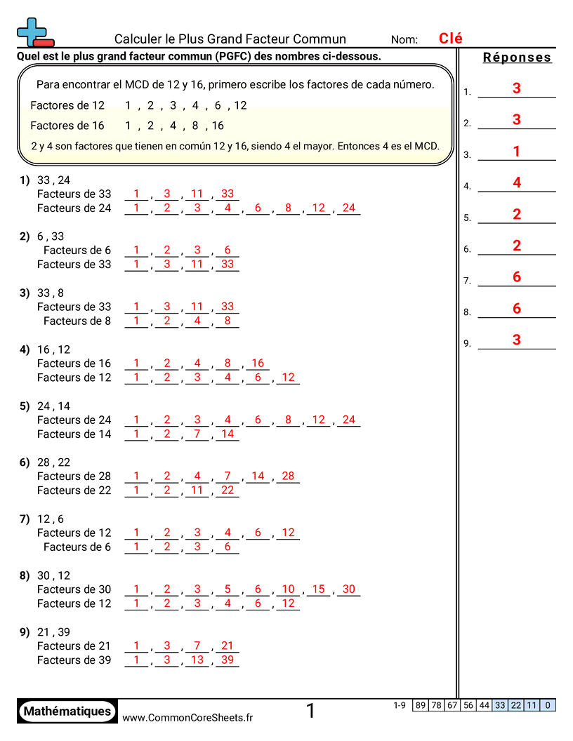 OAS 6.N.2.6 Worksheets - Identifier le PGCD (avec aide) worksheet