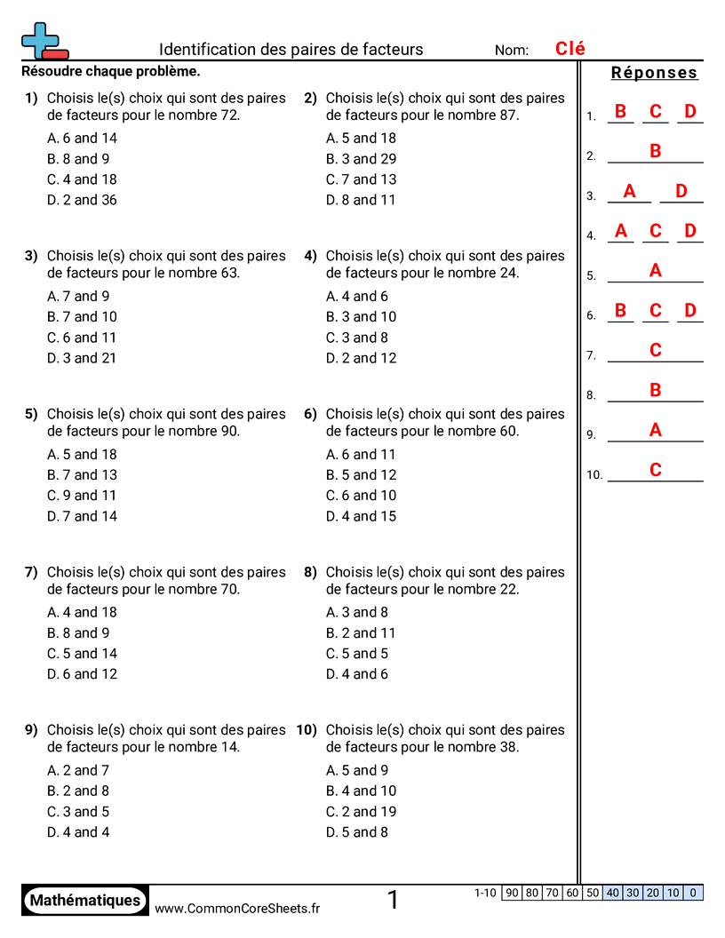 Fiches d'Exercices de Multiplications - Identifier des paires de facteurs worksheet