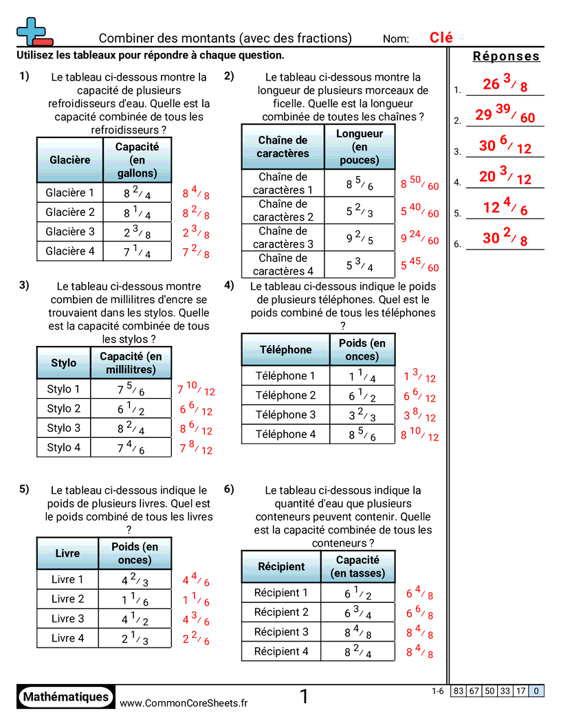 Fiches d'Exercices avec Fractions - combiner-des-quantites worksheet