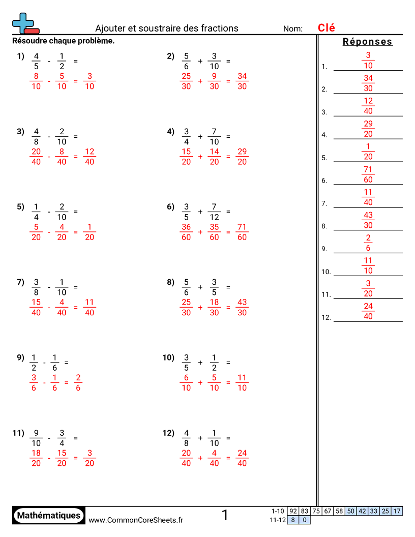 Fiches d'Exercices avec Fractions - additionner-et-soustraire-des-fractions-denominateurs-differents worksheet
