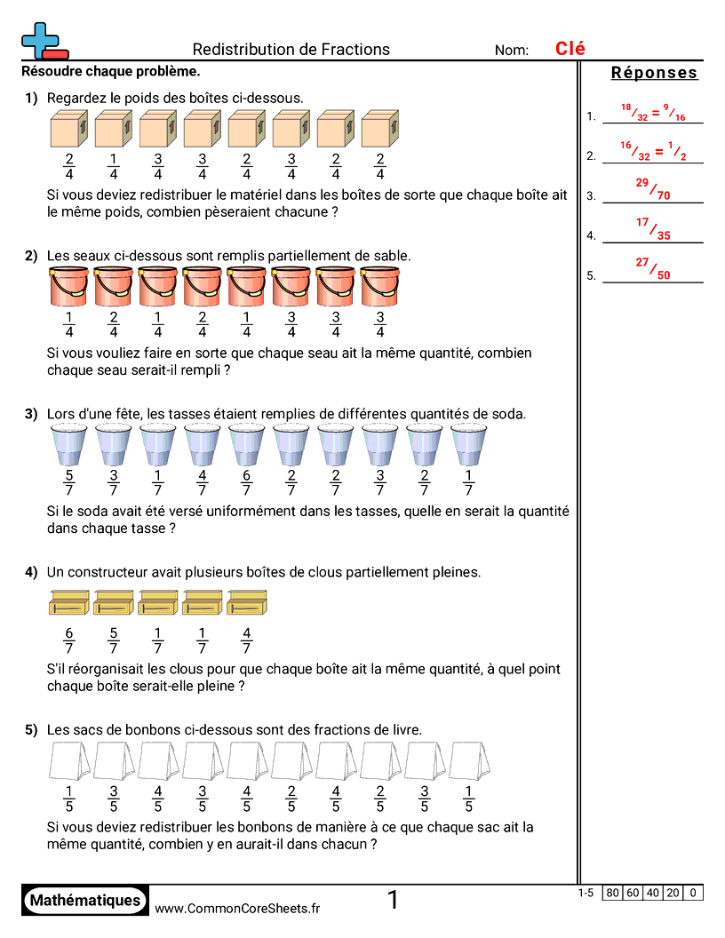Fiches d'Exercices avec Fractions - repartir-des-valeurs-de-fractions worksheet