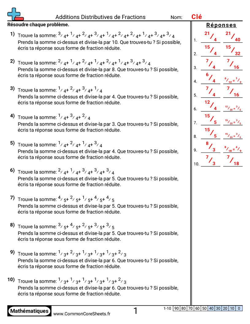 Fiches d'Exercices avec Fractions - repartir-des-sommes-de-fractions worksheet