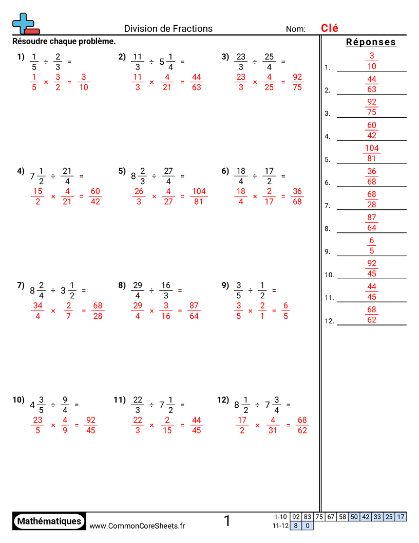 Fiches d'Exercices avec Fractions - diviser-des-fractions worksheet