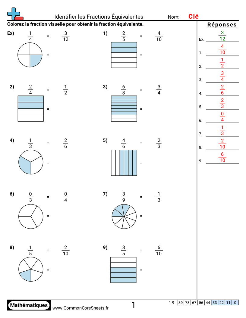 Fiches d'Exercices avec Fractions - trouver-une-fraction-equivalente-visuel worksheet