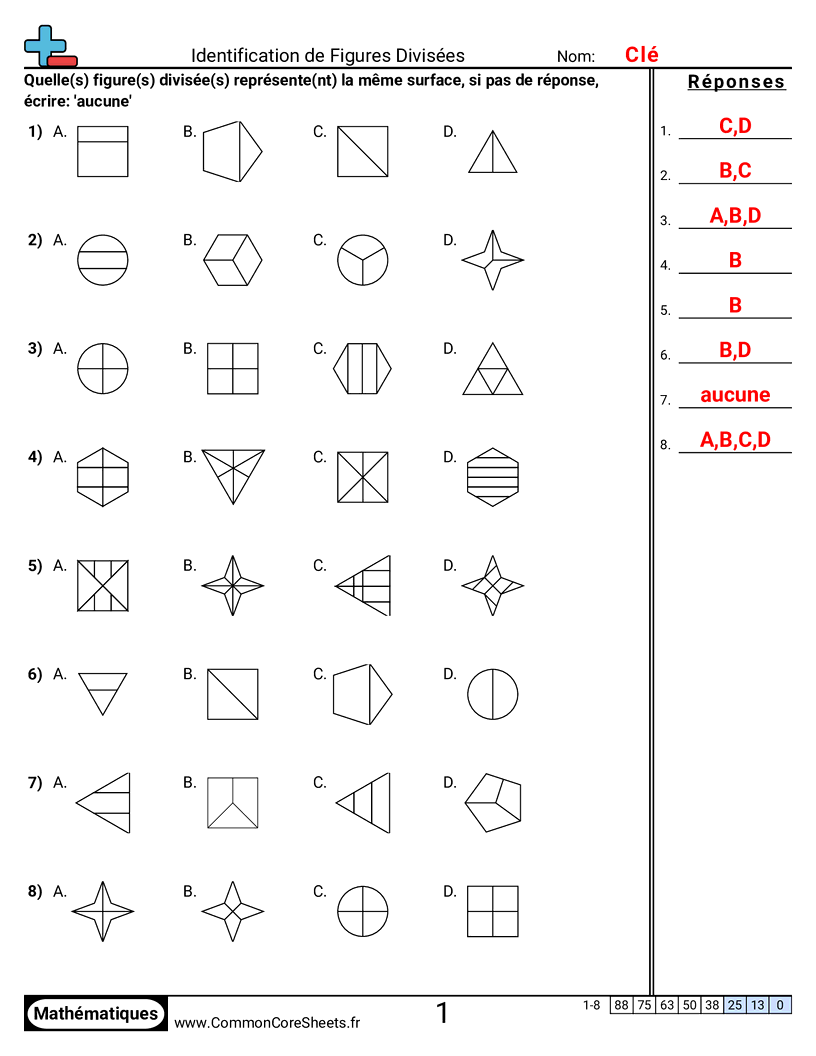 Fiches d'Exercices avec Fractions - identifier-des-formes-partitionnees worksheet