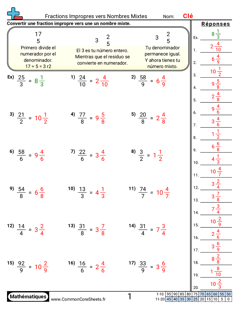 Fiches d'Exercices avec Fractions - impropre-vers-fraction-mixte worksheet