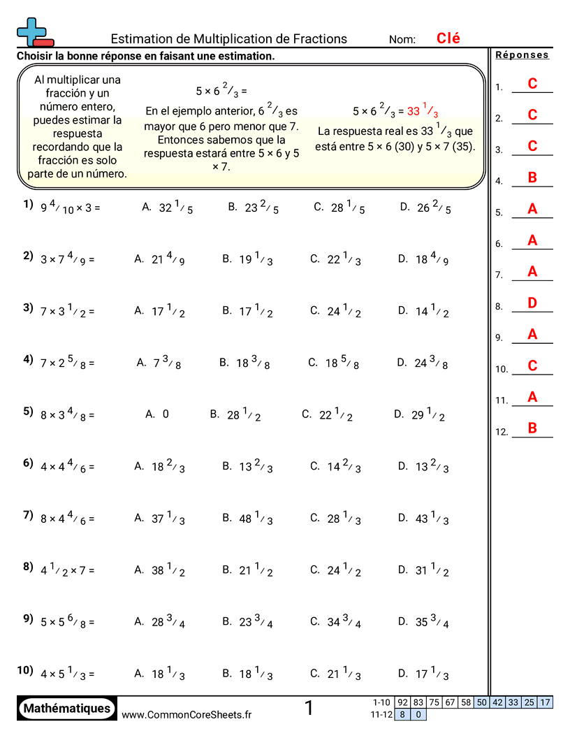 Fiches d'Exercices avec Fractions - estimer-une-multiplication-de-fractions worksheet