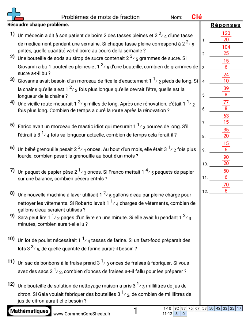 Fiches d'Exercices avec Fractions - multiplier-des-fractions worksheet