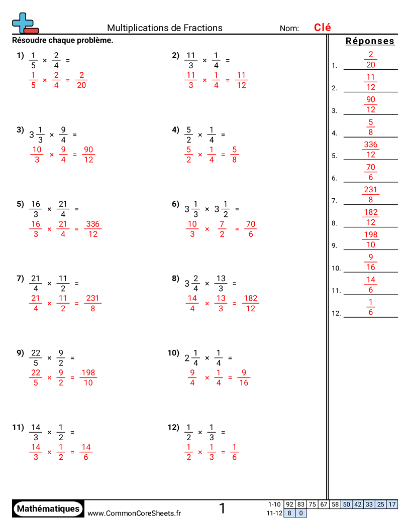 Fiches d'Exercices avec Fractions - multiplier-des-fractions worksheet