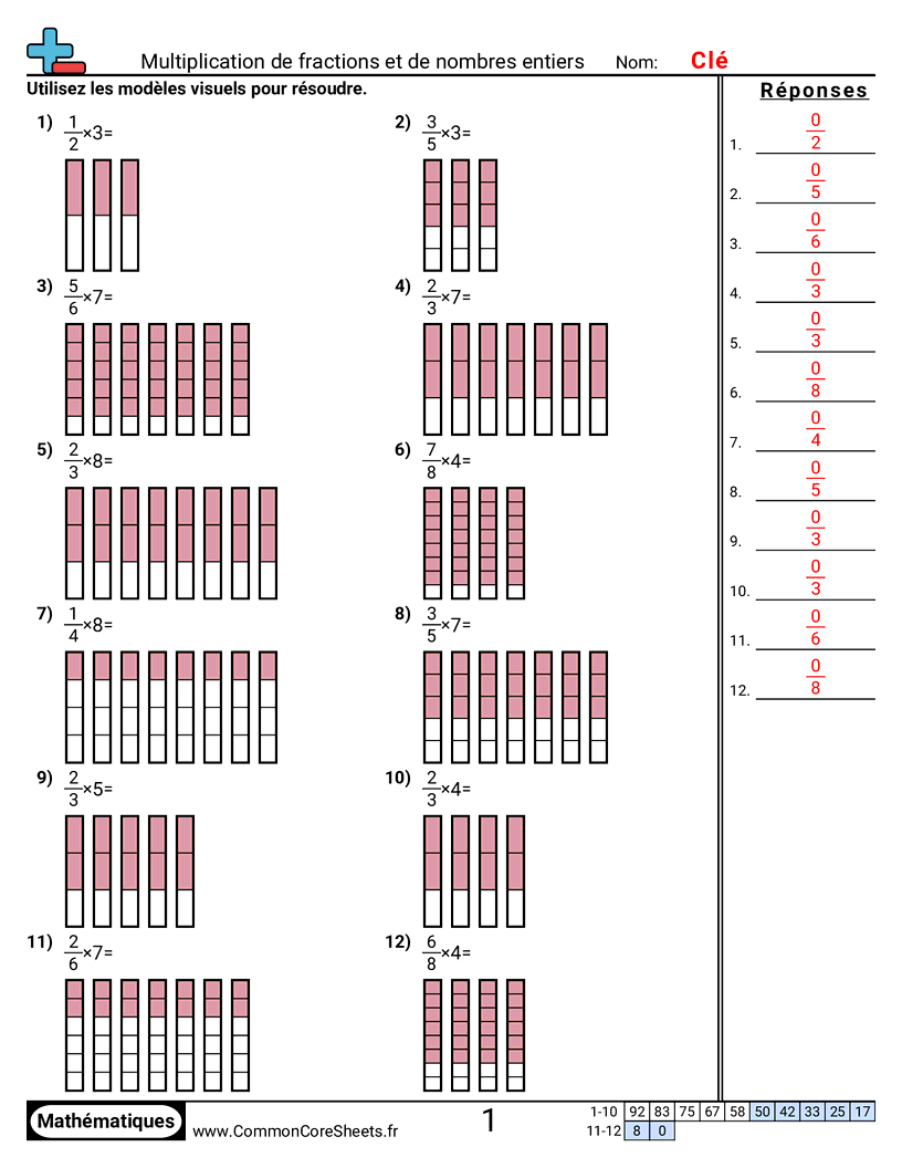 Fiches d'Exercices avec Fractions - multiplier-fractions-et-nombres-entiers worksheet