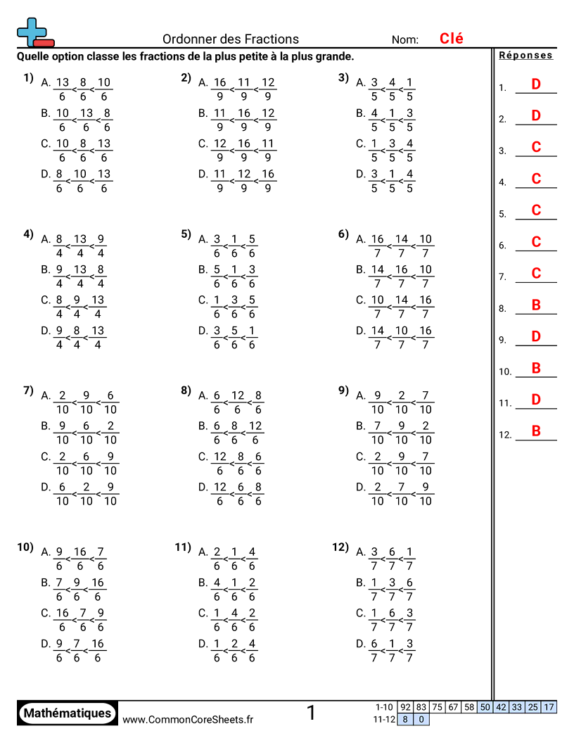 Fiches d'Exercices avec Fractions - ordonner-des-fractions-choix-multiple worksheet