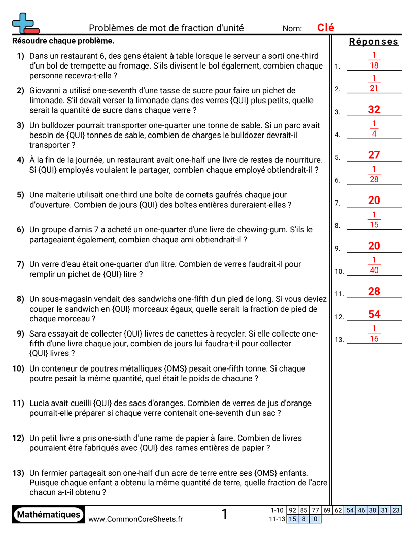 Fiches d'Exercices avec Fractions - problemes-de-fractions-unitaires worksheet