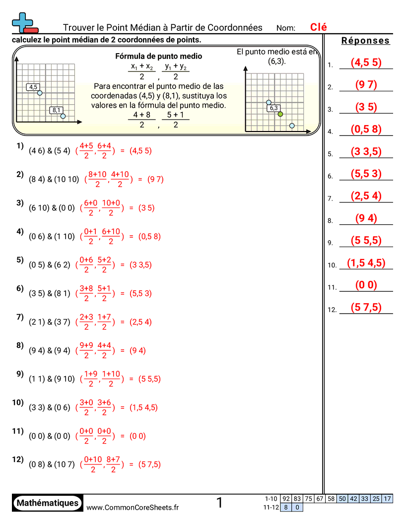 calcul de distance Worksheets - Trouver le milieu à partir des coordonnées worksheet