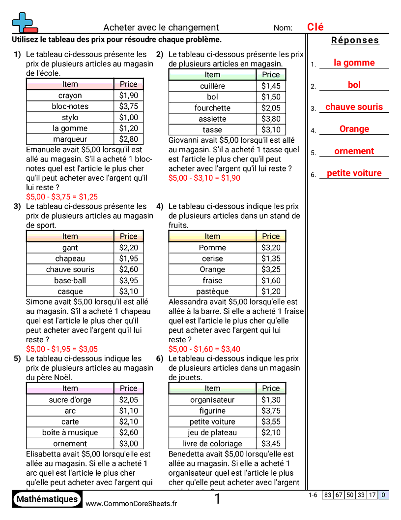 4th Grade Fiches d'Exercices sur la Monnaie - Acheter avec de la monnaie worksheet