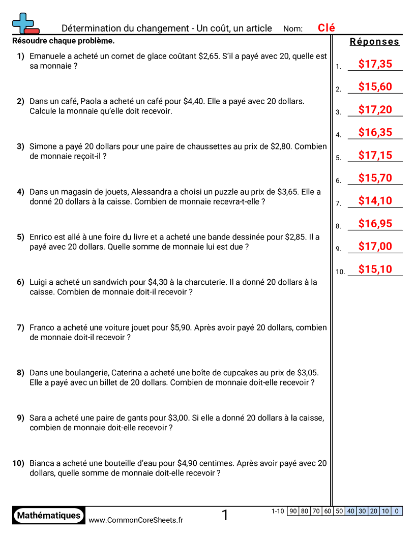 4th Grade Fiches d'Exercices sur la Monnaie - Un article - un prix worksheet