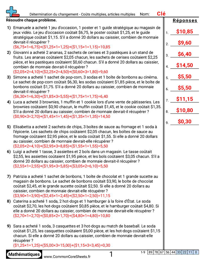 4th Grade Fiches d'Exercices sur la Monnaie - Plusieurs articles, plusieurs prix worksheet