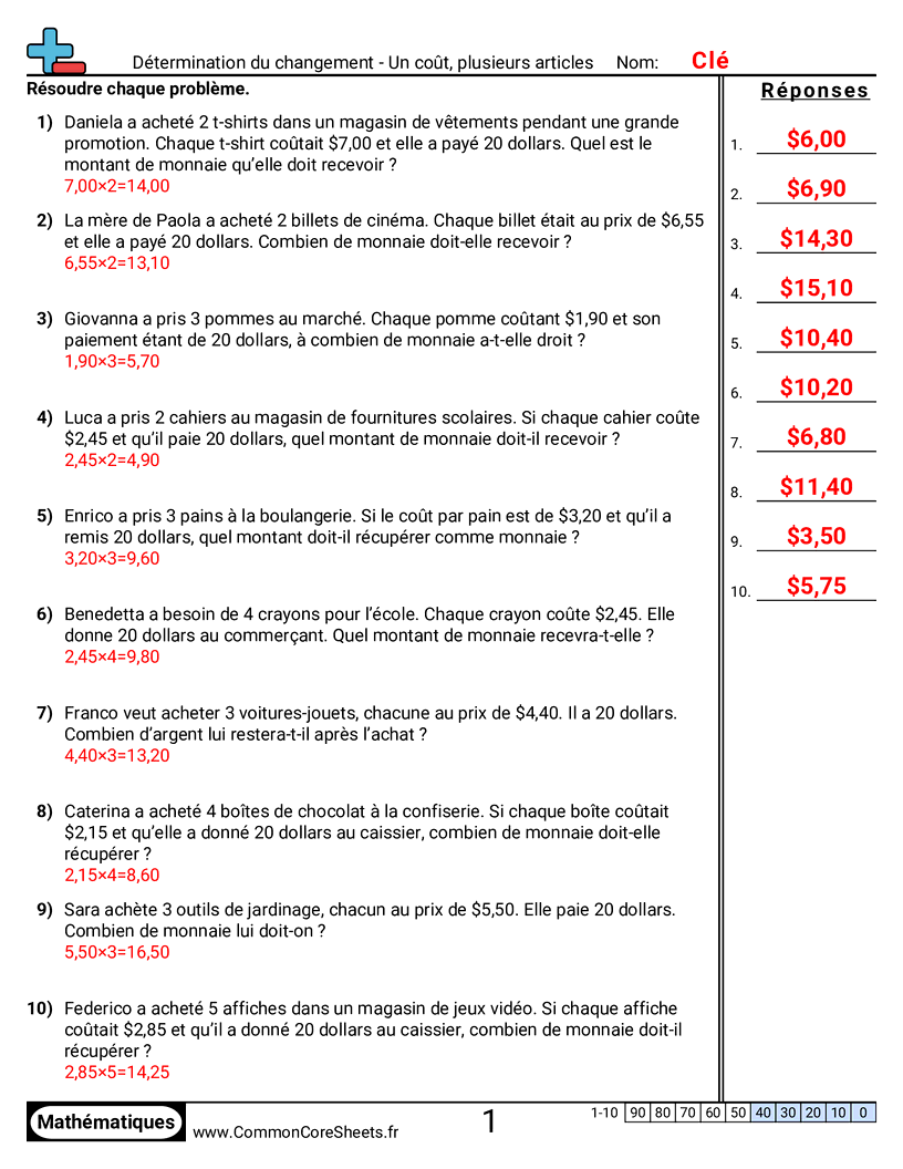 4th Grade Fiches d'Exercices sur la Monnaie - Un article - un prix worksheet