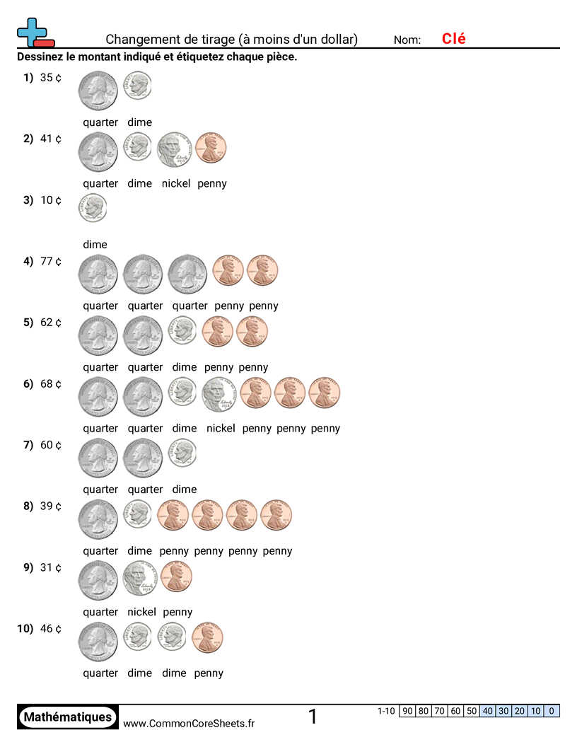  - dessiner-la-monnaie-jusqua-un-dollar worksheet
