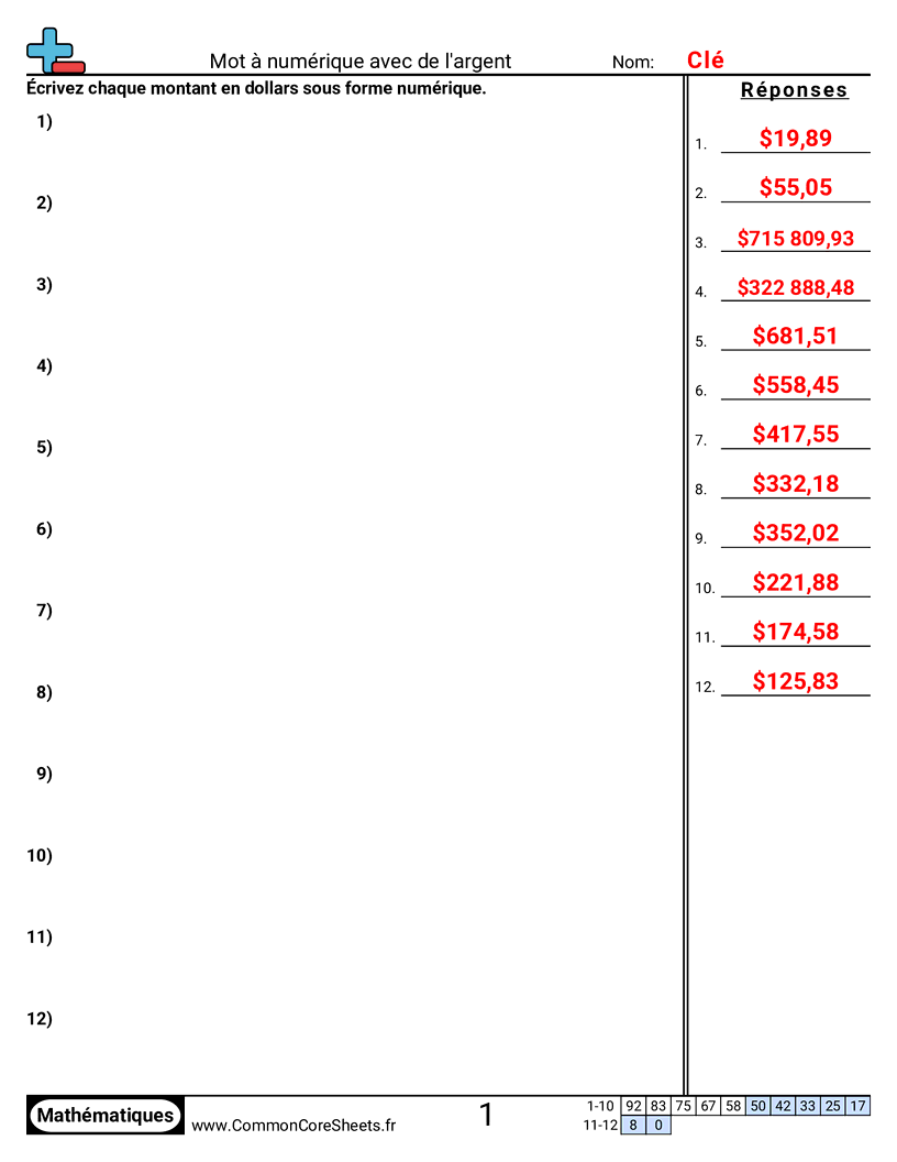 4th Grade Fiches d'Exercices sur la Monnaie - Écrire la valeur worksheet